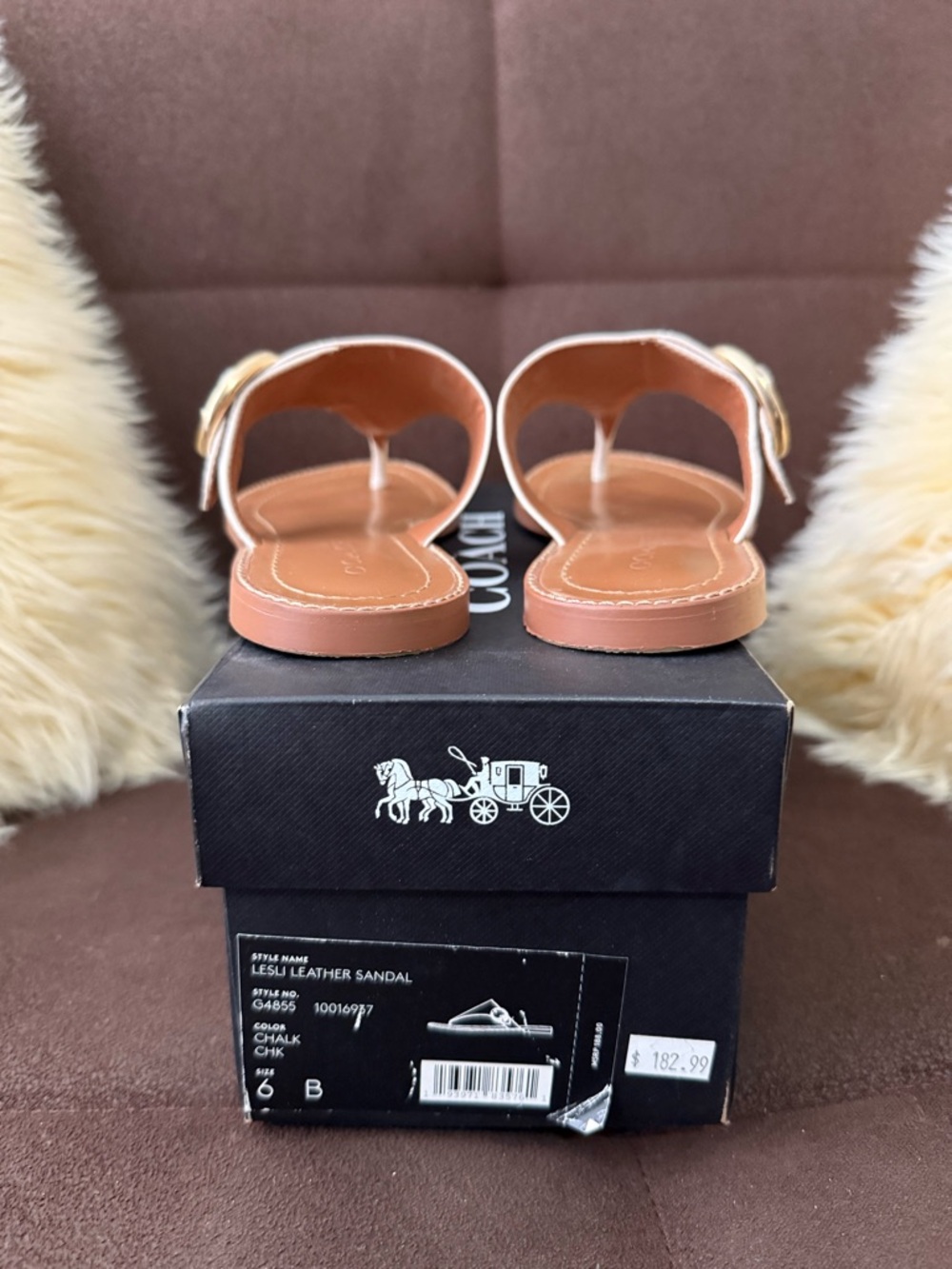 Coach Women’s Cream Leather Thong Sandals with Gold Buckle - Picture 2 of 4